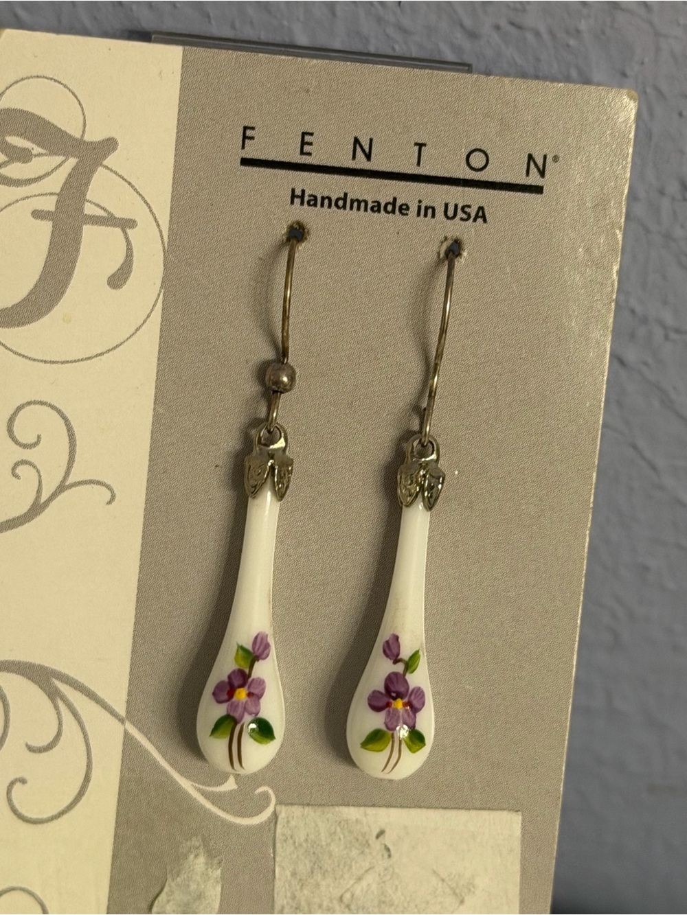 Fenton White Porcelain Earrings with Purple Floral Detail